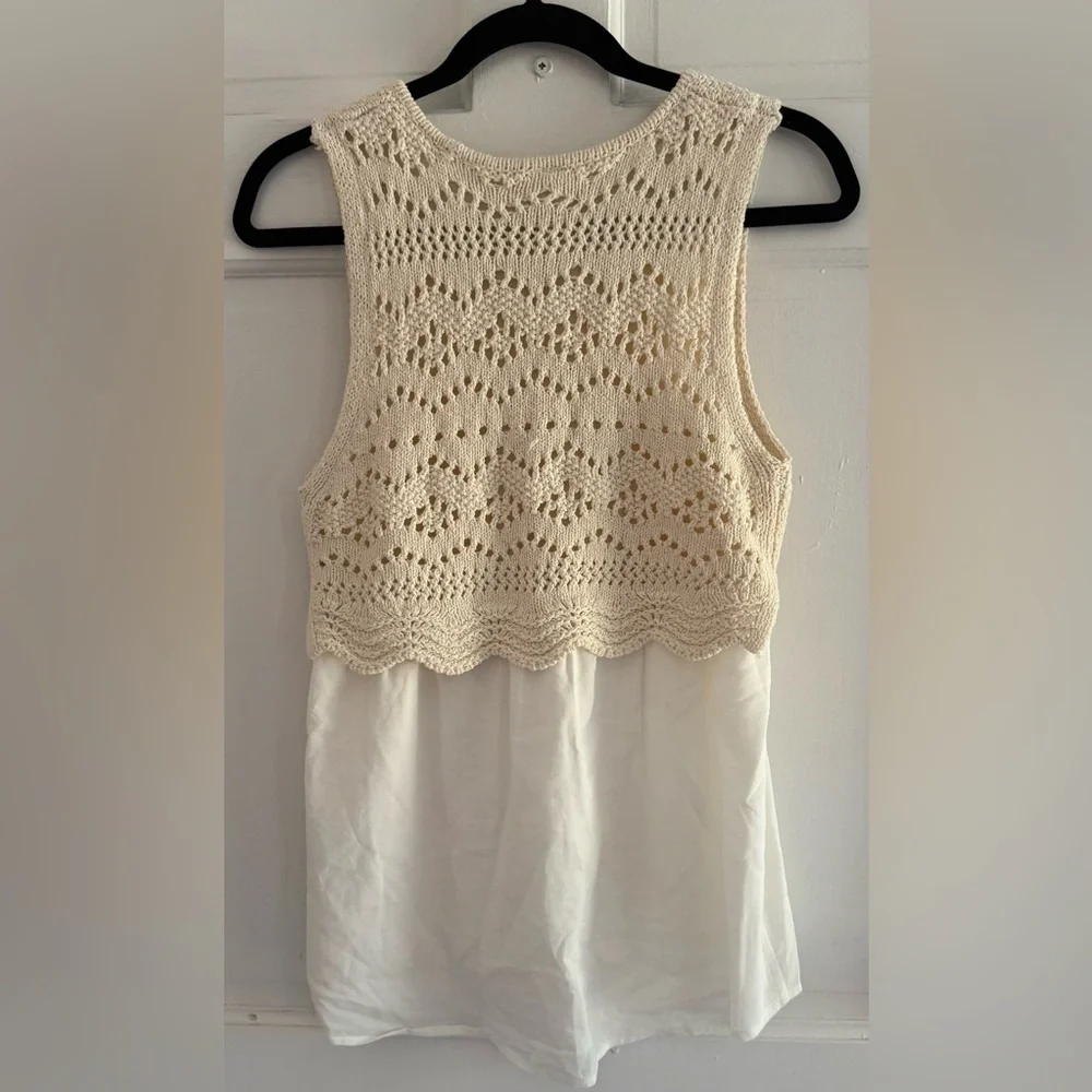 Anthro Ivory Crochet Sweater Tank Layered Boho Knit Blouse S - Picture 6 of 7